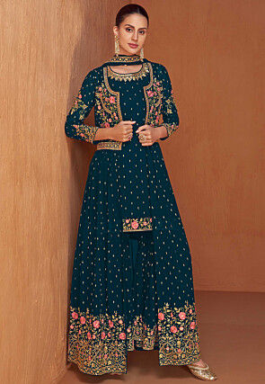 Embroidered Velvet Pakistani Suit in Navy Blue : KPV1645