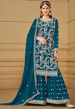 Lovely Teal Blue Embroidered Georgette Pakistani Gharara Suit