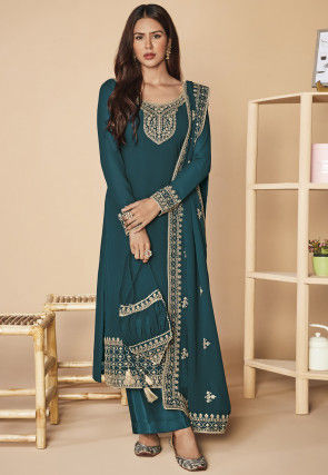 Embroidered Georgette Pakistani Suit in Teal Blue