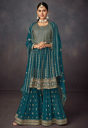 Embroidered Georgette Pakistani Suit in Teal Blue