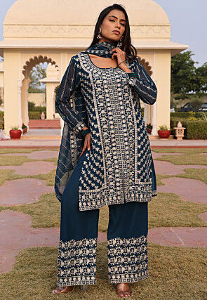 Embroidered Georgette Pakistani Suit in Teal Blue