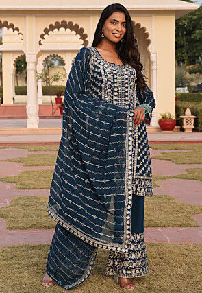 Embroidered Georgette Pakistani Suit in Teal Blue