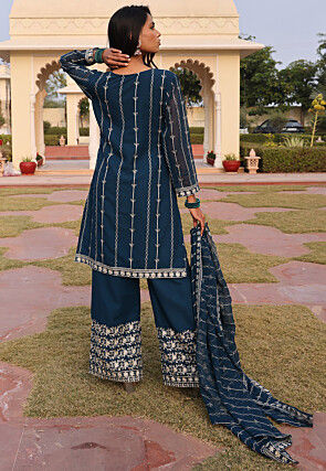 Embroidered Georgette Pakistani Suit in Teal Blue
