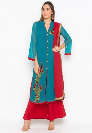 Embroidered Georgette Pakistani Suit in Teal Blue