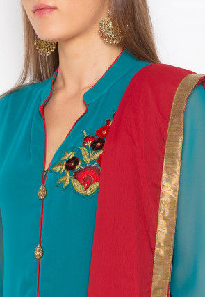 Embroidered Georgette Pakistani Suit in Teal Blue