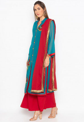 Embroidered Georgette Pakistani Suit in Teal Blue