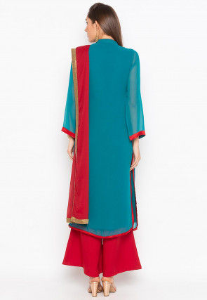 Embroidered Georgette Pakistani Suit in Teal Blue