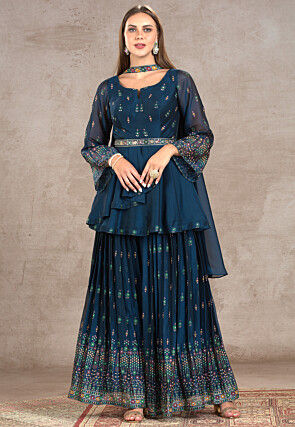 Embroidered Georgette Pakistani Suit in Teal Blue