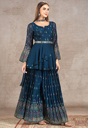 Embroidered Georgette Pakistani Suit in Teal Blue