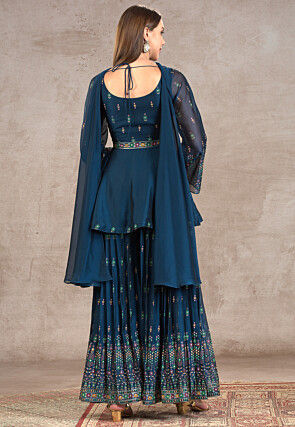 Embroidered Georgette Pakistani Suit in Teal Blue