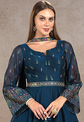 Embroidered Georgette Pakistani Suit in Teal Blue