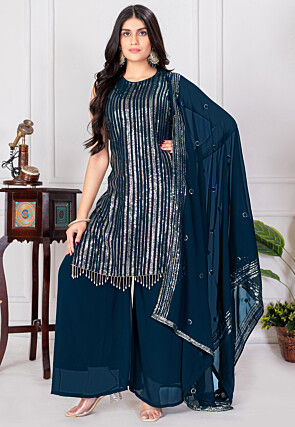 Embroidered Georgette Pakistani Suit in Teal Blue
