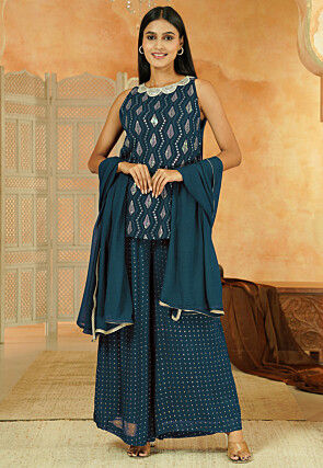 Embroidered Georgette Pakistani Suit in Teal Blue