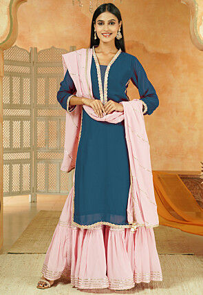 Embroidered Georgette Pakistani Suit in Teal Blue
