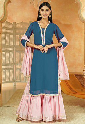 Embroidered Georgette Pakistani Suit in Teal Blue