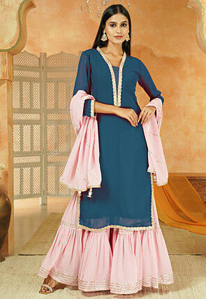 Embroidered Georgette Pakistani Suit in Teal Blue