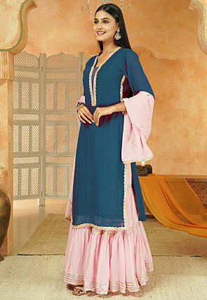 Embroidered Georgette Pakistani Suit in Teal Blue