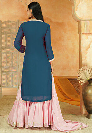 Embroidered Georgette Pakistani Suit in Teal Blue