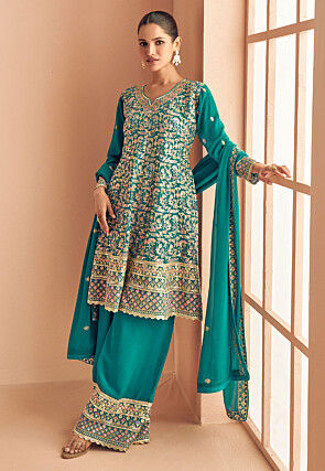 Embroidered Georgette Pakistani Suit in Teal Green