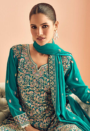 Embroidered Georgette Pakistani Suit in Teal Green
