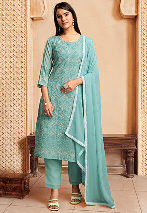 Embroidered Georgette Pakistani Suit in Teal Green