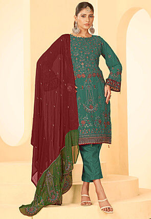Embroidered Georgette Pakistani Suit in Teal Green