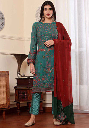 Embroidered Georgette Pakistani Suit in Teal Green