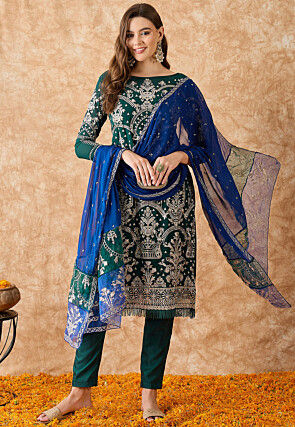 Embroidered Georgette Pakistani Suit in Teal Green