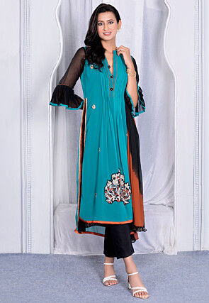 Embroidered Georgette Pakistani Suit in Teal Green