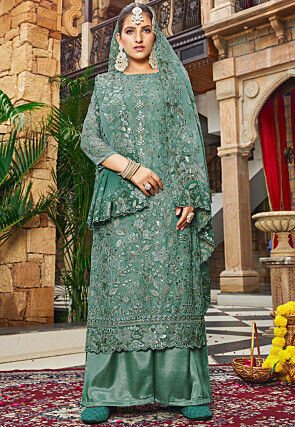 Embroidered Georgette Pakistani Suit in Teal Green