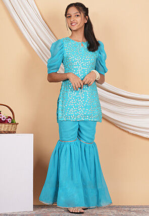 Embroidered Georgette Pakistani Suit in Turquoise