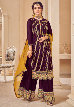 Embroidered Georgette Pakistani Suit in Wine