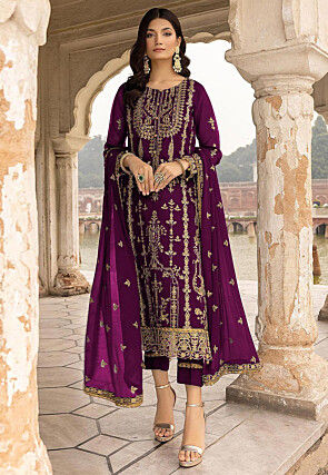 Embroidered Georgette Pakistani Suit in Wine