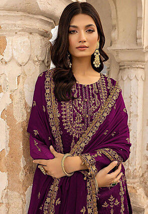 Embroidered Georgette Pakistani Suit in Wine
