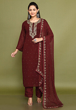Embroidered Georgette Pakistani Suit in Wine