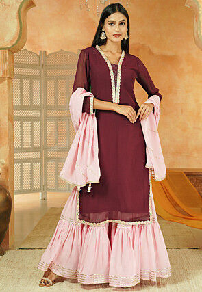 Embroidered Georgette Pakistani Suit in Wine
