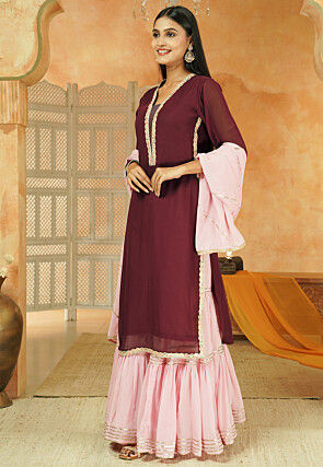 Embroidered Georgette Pakistani Suit in Wine