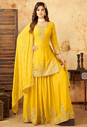 Embroidered Georgette Pakistani Suit in Yellow