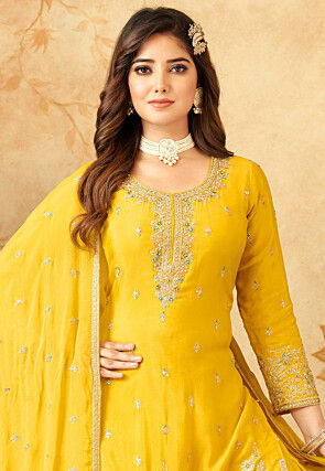 Embroidered Georgette Pakistani Suit in Yellow