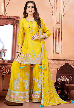 Embroidered Georgette Pakistani Suit in Yellow