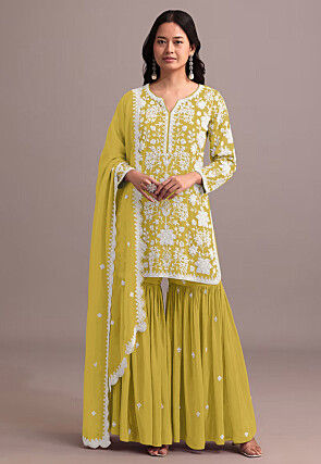 Embroidered Georgette Pakistani Suit in Yellow