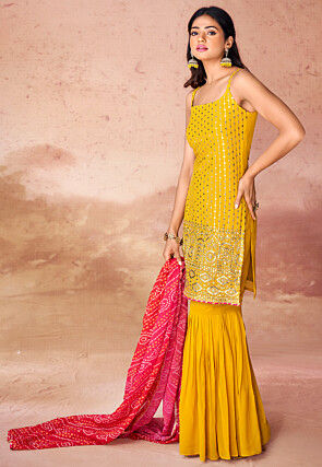 Embroidered Georgette Pakistani Suit in Yellow