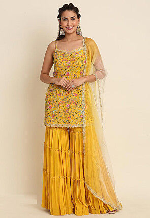 Embroidered Georgette Pakistani Suit in Yellow