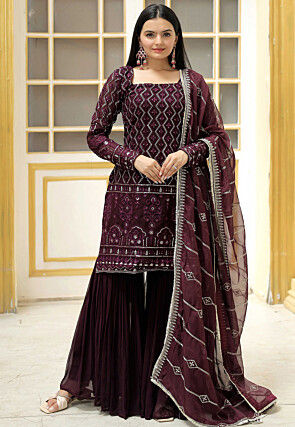 Embroidered Georgette Pakistani Suit in Wine