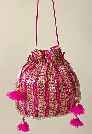 Embroidered Georgette Potli Bag in Fuchsia
