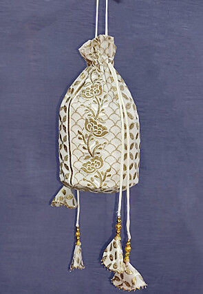 Embroidered Georgette Potli Bag in Off White