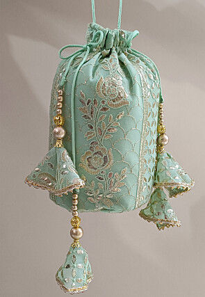 Embroidered Georgette Potli Bag in Pastel Green