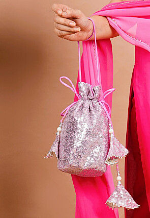 Embroidered Georgette Potli Bag in Pink