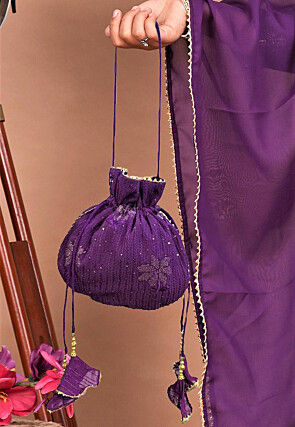 Embroidered Georgette Potli Bag in Purple