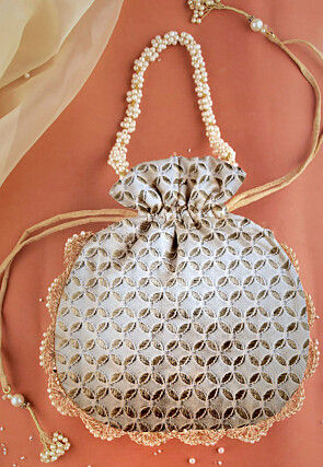 Embroidered Georgette Potli Bag in White